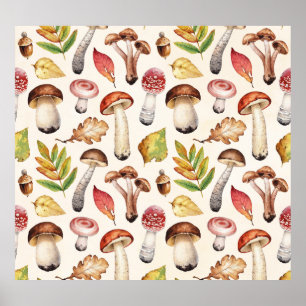 Mushrooms Leaves: Watercolor Illustration Pattern Poster