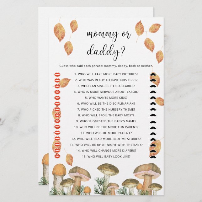 Mushrooms - mummy or daddy baby shower game (Front/Back)