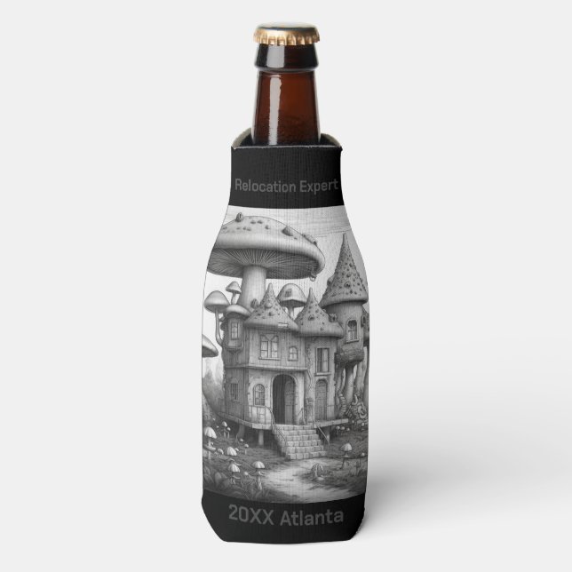 Mushrooms on wood house roof Black and white AIda Bottle Cooler (Bottle Front)