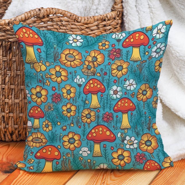 Mushrooms Retro 70's Red Yellow Teal Cushion (Cute orange mushrooms on teal decorator pillow)