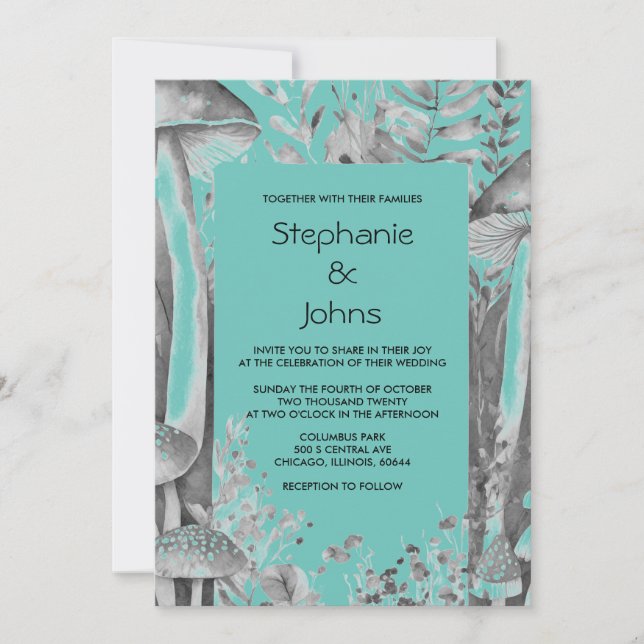 Mushrooms Teal Blue Black Grey Woodland Wedding Invitation (Front)