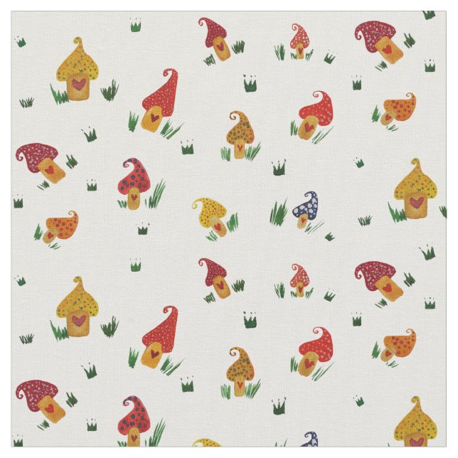 Mushrooms with heart Custom Combed Cotton Fabric (Close Up)