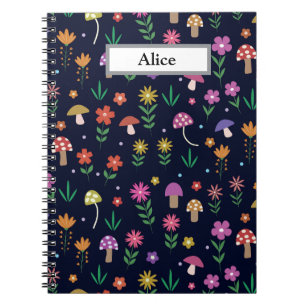 Mushrooms with Whimsical Flowers Custom Name Notebook