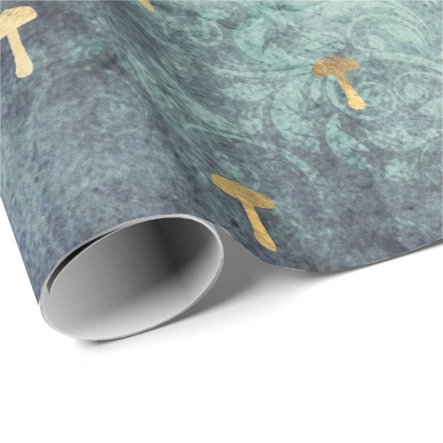 Mushrooms Woodland Antique Vintage Teal Grunge Wrapping Paper (Roll Corner)