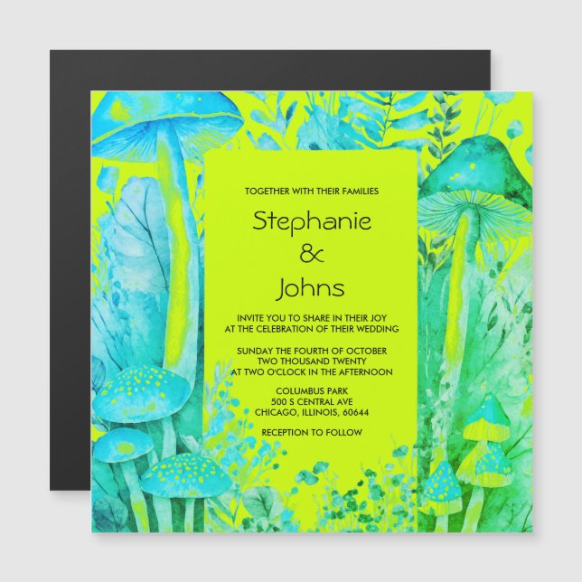 Mushrooms Woodland Lime Green Teal Blue Wedding Magnetic Invitation (Front/Back)