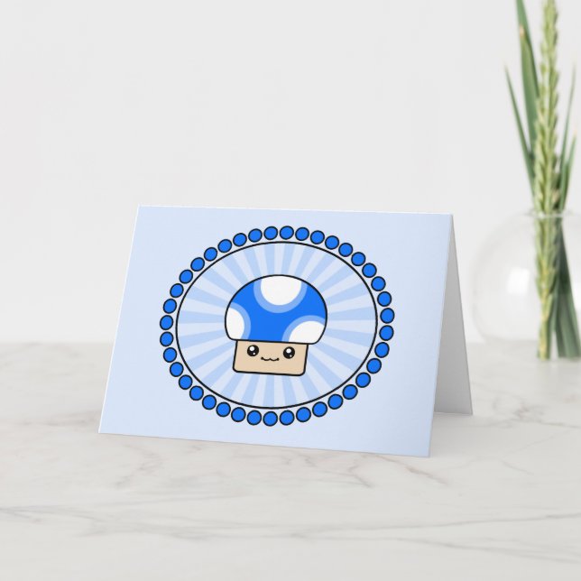 Mushy Puffs Blue Kawaii Mushroom Birthday Card (Front)