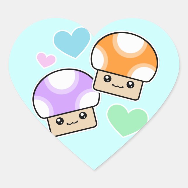 Mushy Puffs Mushroom Kawaii Heart Stickers (Front)