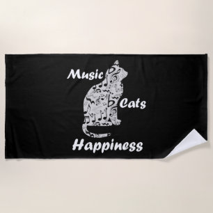Music and Cats is Happiness Quote Beach Towel