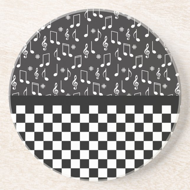 Music and Chequerboard Black and White  Coaster (Front)