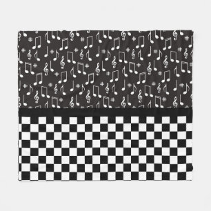 Music and Chequerboard Black and White  Fleece Blanket