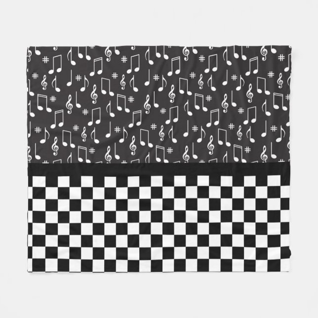 Music and Chequerboard Black and White  Fleece Blanket (Front (Horizontal))