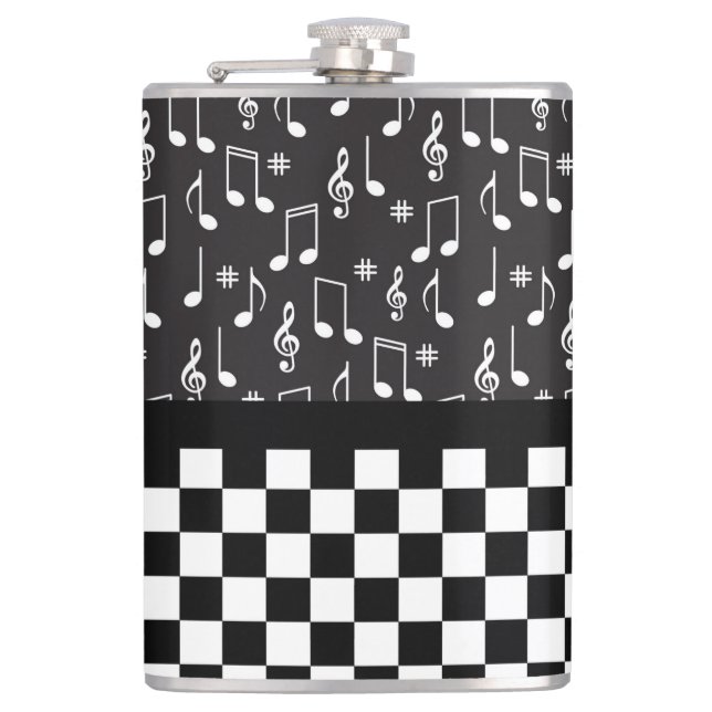 Music and Chequerboard Black and White  Hip Flask (Front)