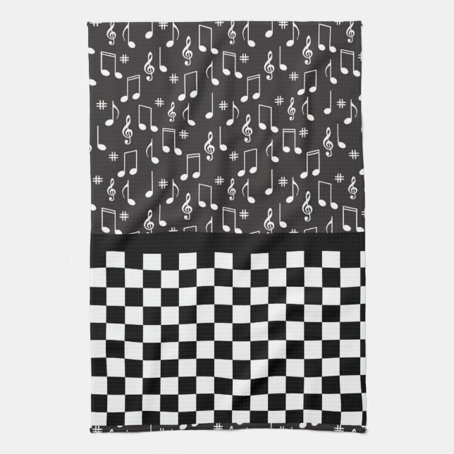 Music and Chequerboard Black and White  Tea Towel (Vertical)