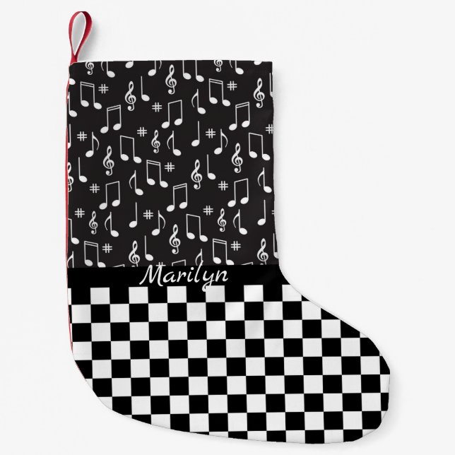 Music and Chequerboard Personalised Small Christmas Stocking (Front)