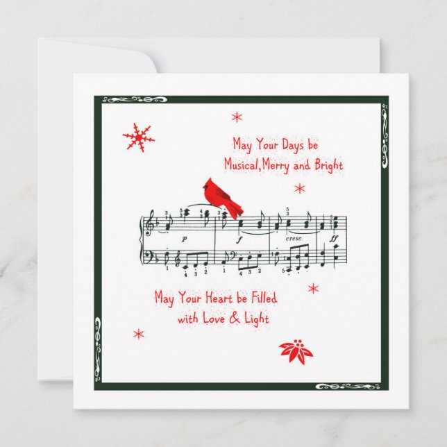 Music and Red Cardinal Bird Christmas Card (Front)