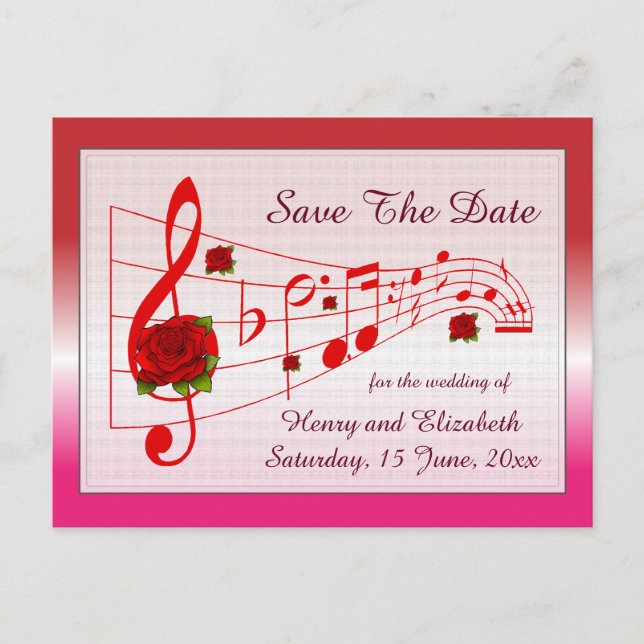 Music and Roses Save The Date Card (Front)