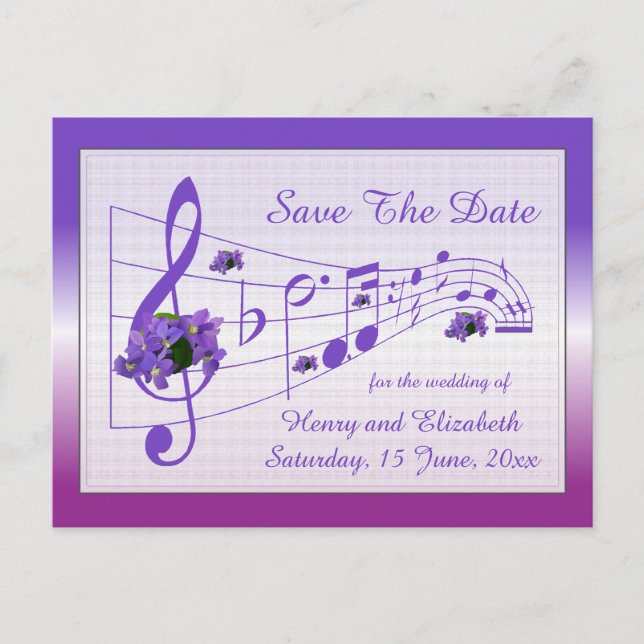 Music and Violets Save The Date Card (Front)