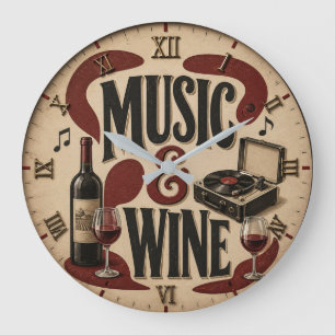 Music and Wine Vintage Record Player Decor Large Clock