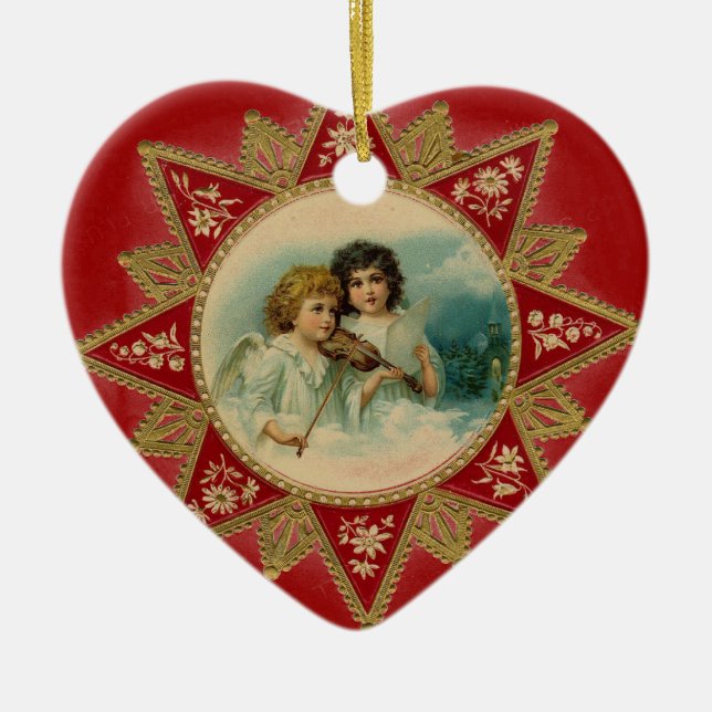 MUSIC ANGELS IN  RED HEART CERAMIC TREE DECORATION (Front)