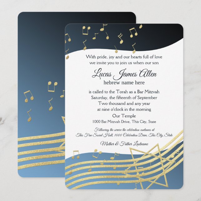 Music Bar Mitzvah Blue and Gold Invitation (Front/Back)