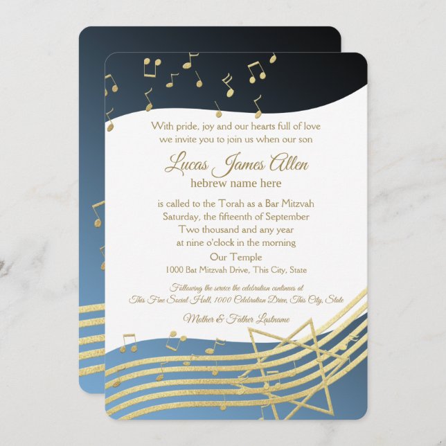 Music Bar Mitzvah Blue and Gold Invitation (Front/Back)