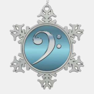 Music Bass Clef On Steel Metallic Snowflake Snowflake Pewter Christmas Ornament