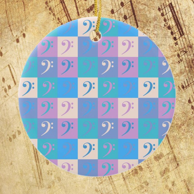 Music Bass Clef Pattern Pastel Colours Ceramic Ornament (An ornament with a pattern of bass clefs done in pastel colors.)