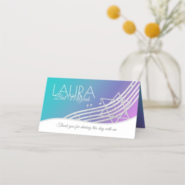 Music Bat Mitzvah Silver Music Notes Seating Card (Back)