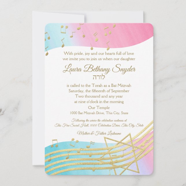 Music Bat Mitzvah Watercolor and Gold Invitation (Front)