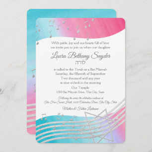 Music Bat Mitzvah Watercolor and Silver Invitation