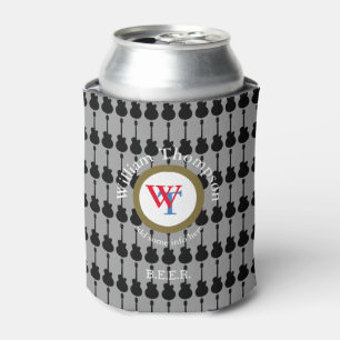 music & beer, guitar inspired, circle monogram can cooler