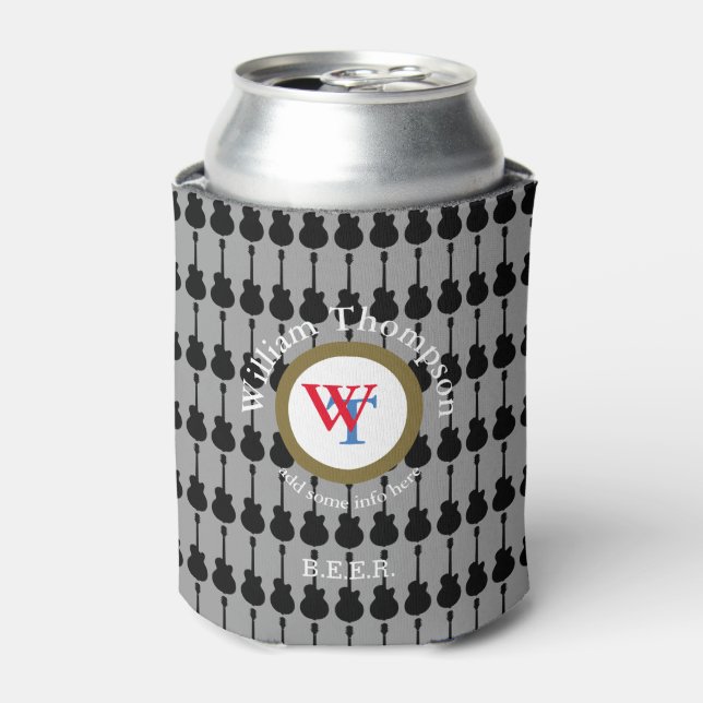 music & beer, guitar inspired, circle monogram can cooler (Can Front)