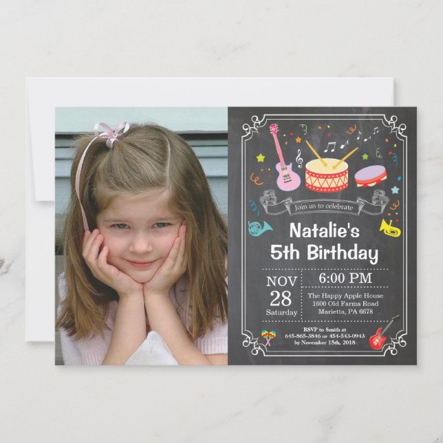 Music Birthday Party Invitation Chalkboard Photo (Front)