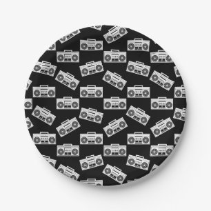 Music Boombox Print Art Pattern Boomboxes Black Paper Plate