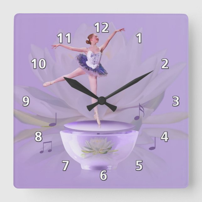 Music Box Ballerina with Water Lily Square Wall Clock (Front)