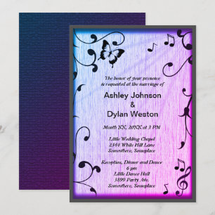 Music Butterfly Leaves Blue & Purple Wood Wedding Invitation