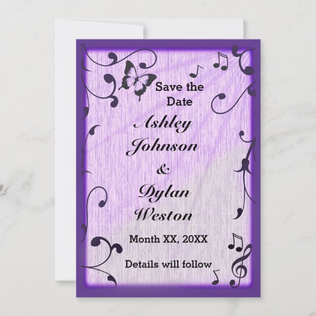 Music Butterfly Leaves Blue & Purple Wood Wedding Save The Date (Front)