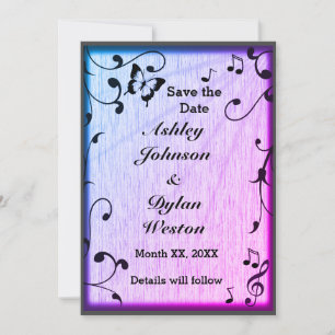 Music Butterfly Leaves Blue & Purple Wood Wedding Save The Date