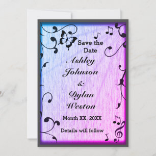 Music Butterfly Leaves Blue & Purple Wood Wedding Save The Date