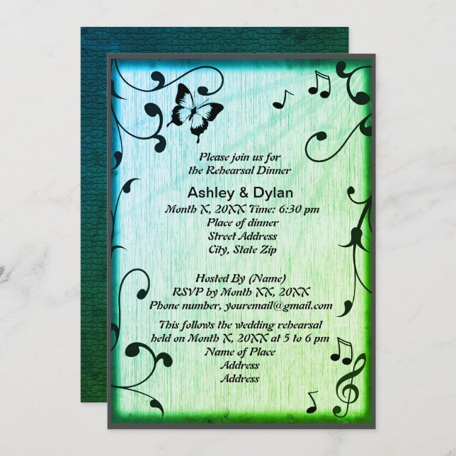 Music Butterfly Leaves Green Wood Wedding Invitation (Front/Back)