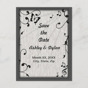 Music Butterfly Leaves Grey & Black Wood Wedding Announcement Postcard