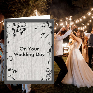 Music Butterfly Leaves Grey & Black Wood Wedding Card