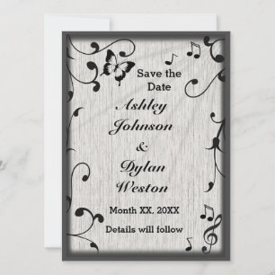 Music Butterfly Leaves Grey & Black Wood Wedding Save The Date