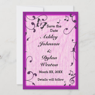 Music Butterfly Leaves Pink Purple Wood Wedding Save The Date