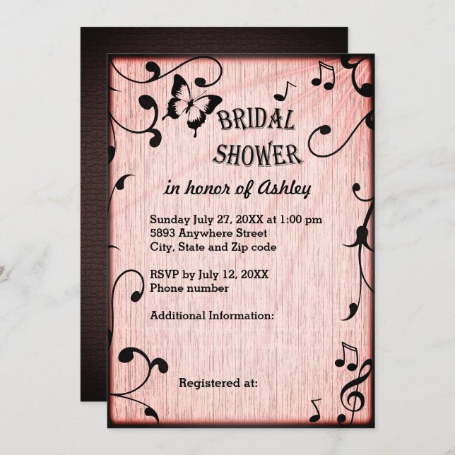 Music, Butterfly, Leaves Pink Wood Bridal Shower Invitation (Front/Back)