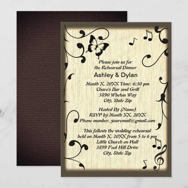 Music Butterfly Leaves Yellow Tan Wood Wedding Invitation (Front/Back)