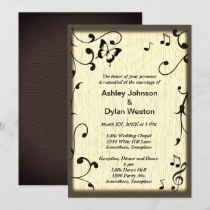 Music Butterfly Leaves Yellow Tan Wood Wedding Invitation