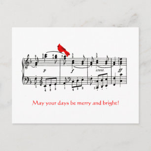 Music & Cardinal Red Bird Christmas Postcard