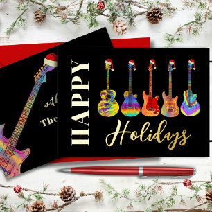 Music Christmas Guitar Happy Holidays Black Gold Foil Holiday Card