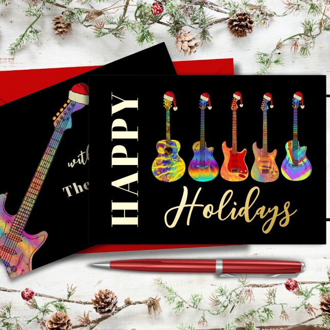 Music Christmas Guitar Happy Holidays Black Gold Foil Holiday Card (Music themed christmas guitars happy holidays black & gold foil personalized holidays greeting card)
